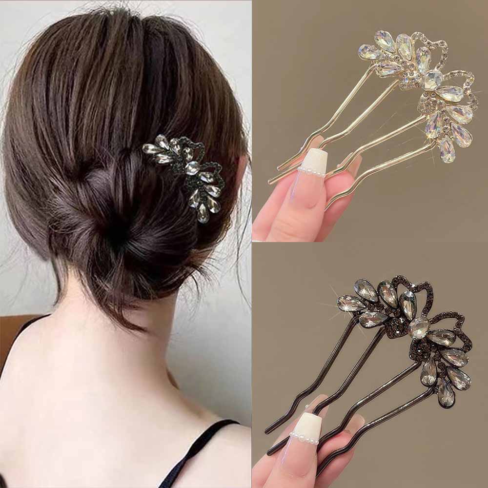 Hair Fork Stick - Fashion Rhinestones U-Shaped Hair Sticks Butterfly