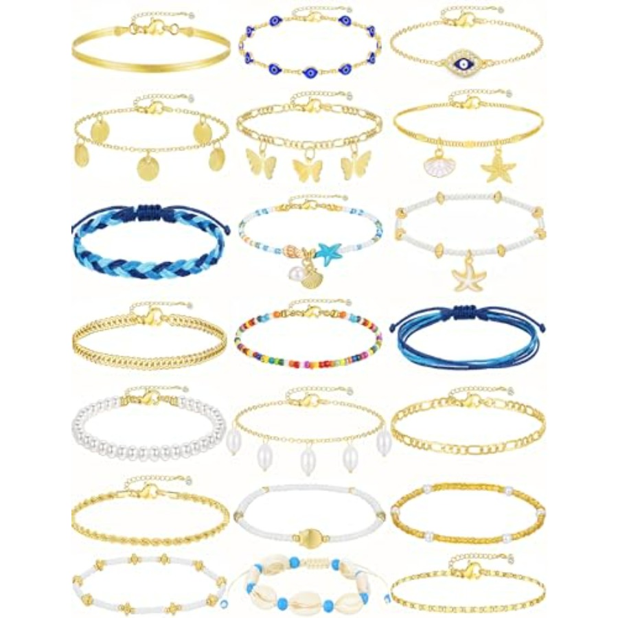 Beaded Anklet Chain - 21PCS Ankle Bracelets for Women, Boho