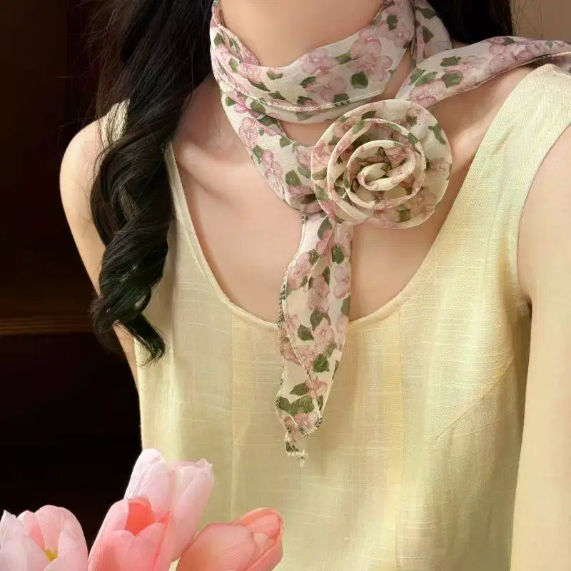 Women'S Accessories For Neck - Floral Chiffon Scarf With Rose Decor