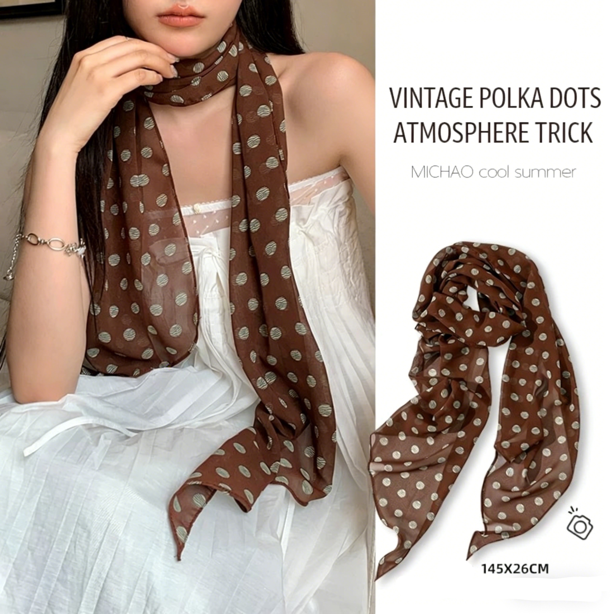 Women'S Accessories For Neck - Vintage Polka Dot Chiffon Scarf For