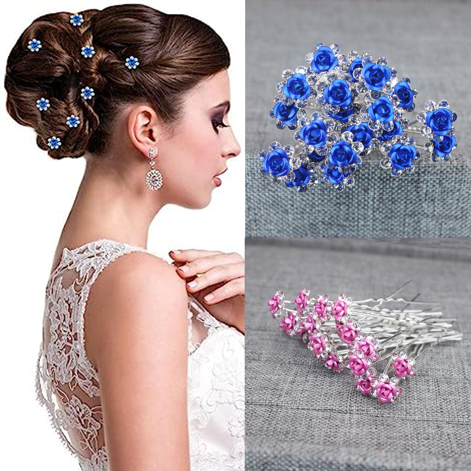 Young Women'S Accessories - 20PCS Rose Flower Rhinestone Hairpins Crystal